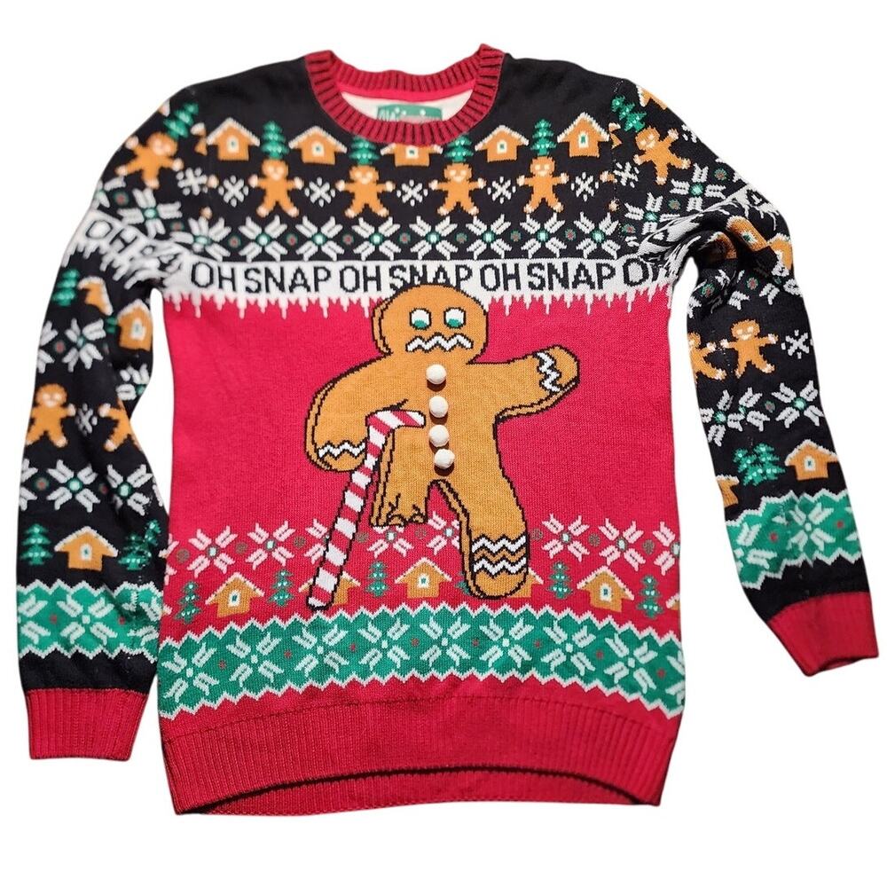 Ugly Christmas Sweater Oh Snap Gingerbread Pom Pom Size XXL
